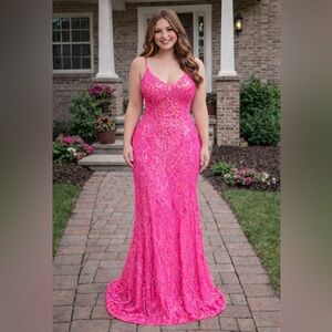 Pink Sequin Prom Gown | Open Back Lace Up | Formal Evening Dress XL